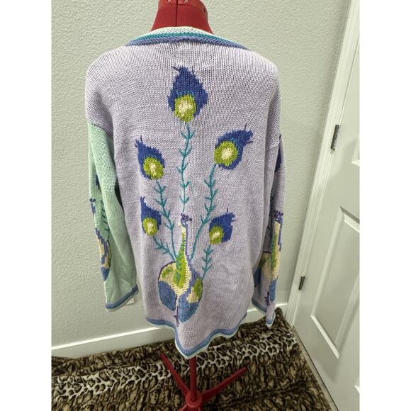 Vtg Novelty Peacock Cardigan, Bird Pattern Pastel Knit Sweater, Funky Grannycore - Picture 2 of 9